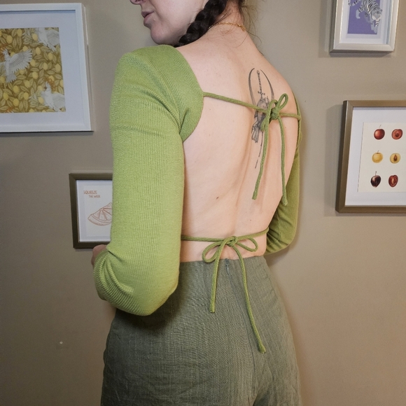 Backless Green Princess Polly Long Sleeve Crop Top - Picture 9 of 10